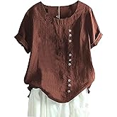 Apvirdy Womens Summer Short Sleeves Tops Casual Cotton Linen Crew Neck Blouses Solid Color Tshirt Top
