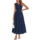 MEROKEETY Spring Summer Midi Dresses for Women 2026 Casual Beach Vacation Sleeveless Boho V Neck Cotton Maxi Dress Pockets