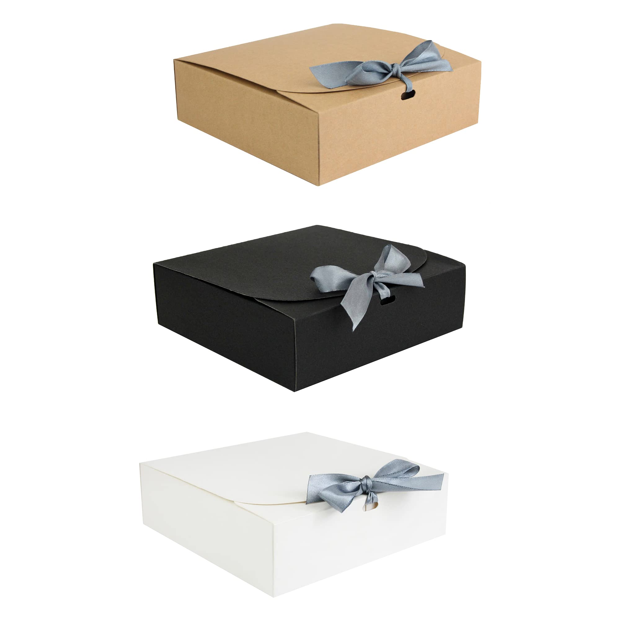 Emartbuy Pack of 12 Gift Boxes, 16.5 cm x 16.5 cm x 5 cm, Easy Assembly, White, Brown and Black Kraft Box with Grey Bow Ribbon