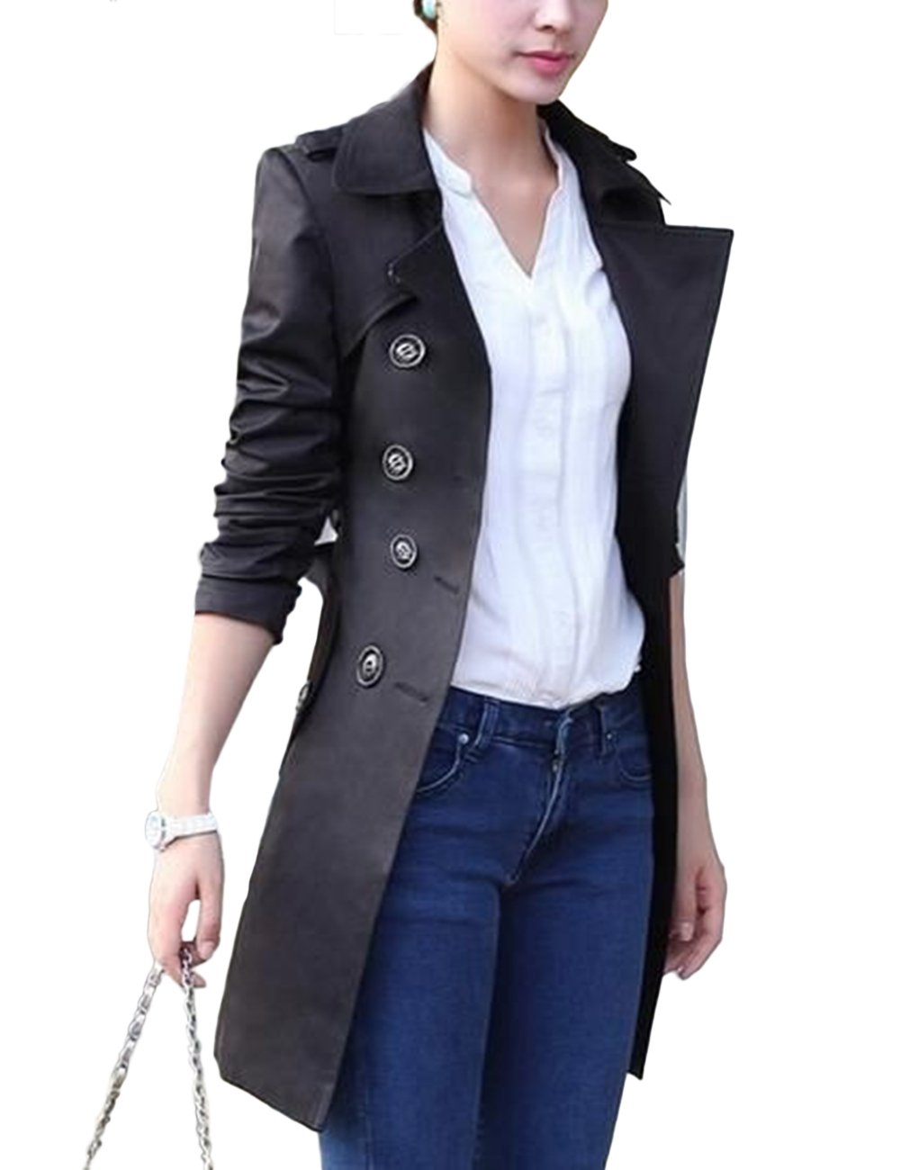 leoie women's windbreaker double-breasted belt slim jacket (khaki, 2xl)