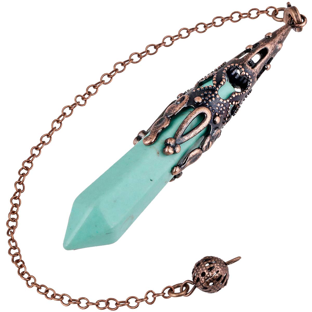 Nupuyai Vintage Green Howlite Turquoise Crystal Point Dowsing Pendulum for Healing Divination Scrying, Hexagonal Gemstone Pendant Pendulum with Chain