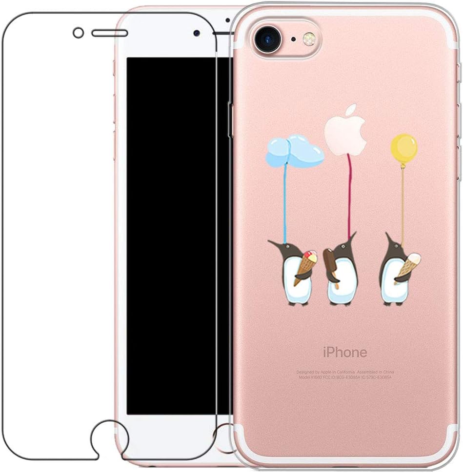 iPhone 7/8/ SE Case with Tempered Glass Screen Protector, Shumeifang® Ultra Thin Soft Gel TPU Silicone Case Cover with Cute Cartoon for Apple iPhone 7 2016 / iPhone 8 2017 /iPhone SE 2020 - Penguin