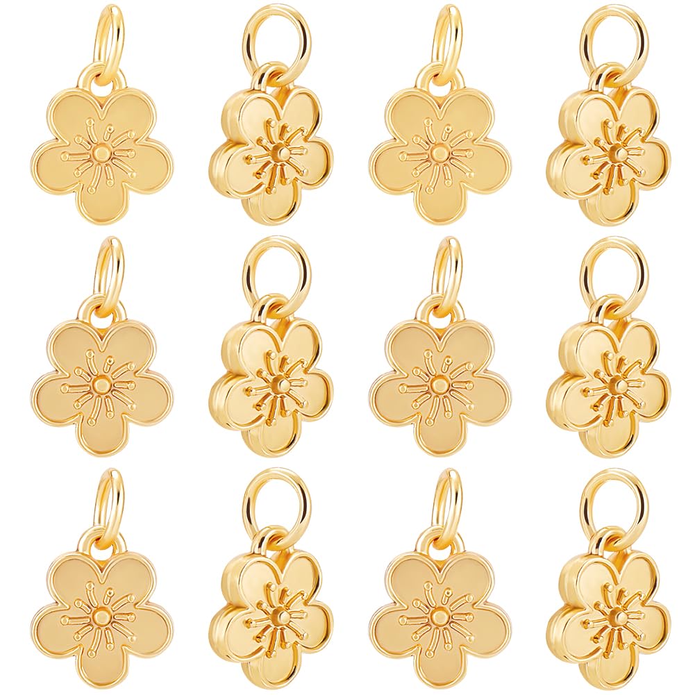 Beebeecraft 1 Box 40Pcs Real 18K Gold Plated Flower Charm Small Peach Blossom Pendant Charms with Jump Rings Charm 10.5x12cm for Jewelry Making Supplies Necklaces Bracelet Keychain DIY Crafts
