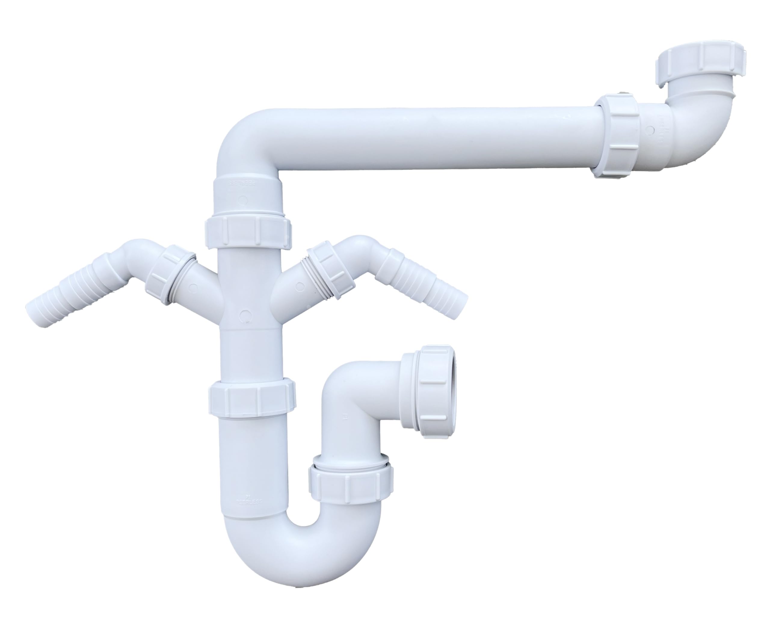 Multi-Fit Single Bowl Sink Waste Kit Space Saving - 1.1/2" 40mm Single Bowl P Trap Kit with Twin Washing Machine Waste Splitters, Sink Waste Kit BS EN 247-1:2002 75mm Water Seal