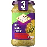 Patak&rsquo;s Hot Chile Pickle - Authentic Indian Relish w/Green Chiles, Mustard Seeds &amp; Aromatic Spices - Perfect for Sandwiches, Curries, Salads &amp; Cold Meats - Vegan Spicy Pickle - 10oz Jar (Pack of 3)