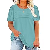 DOLNINE Plus Size Tops for Women Summer Puff Short Sleeve Shirts Casual Pleated Crewneck Tees