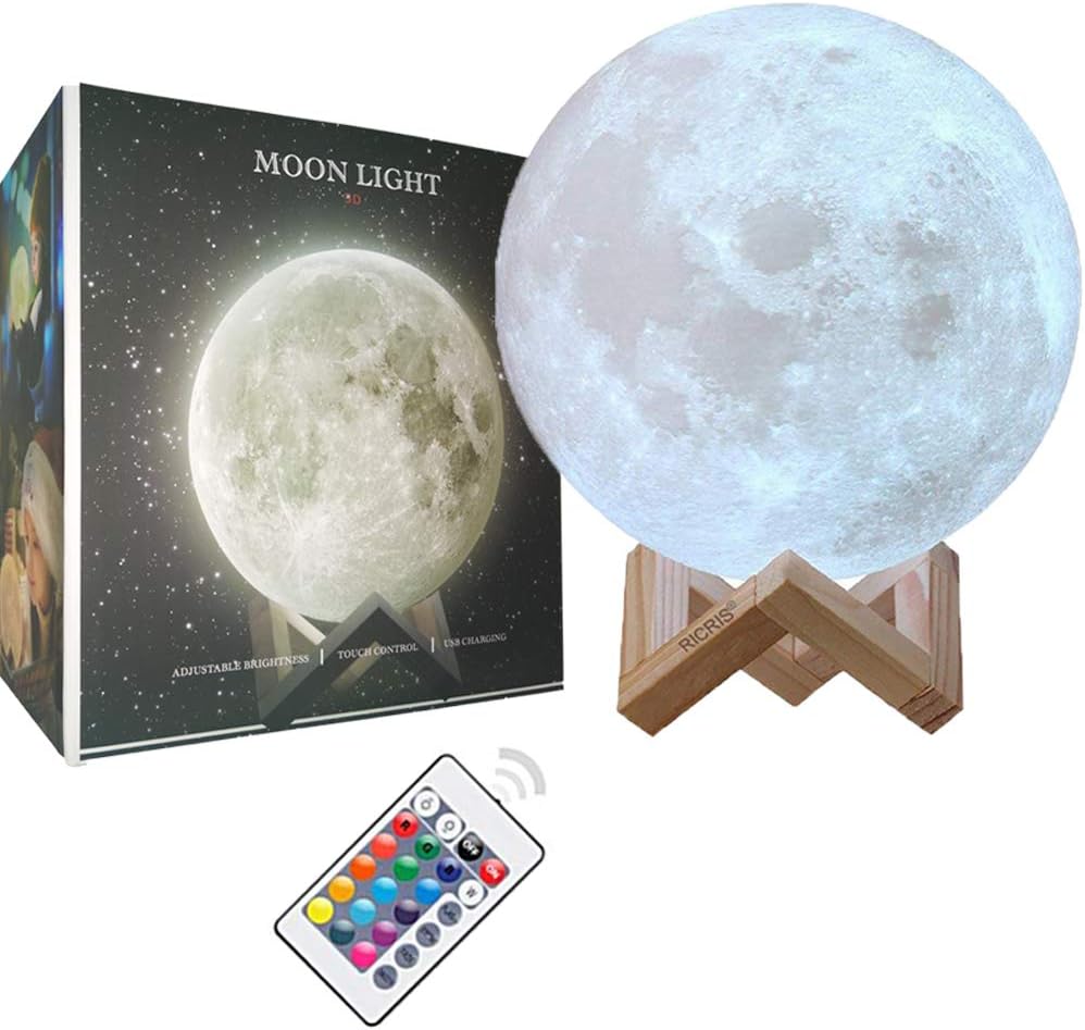 Ricris Moon Lamp-Cool 16 Colors 3D Printed Moon Light Lamps, Remote Control Mood Lamp Home Decor Night Light with Wood Stand, Rechargeable Lunar Moon Soft Light Color Change Moonlight Lamps(5.9IN)
