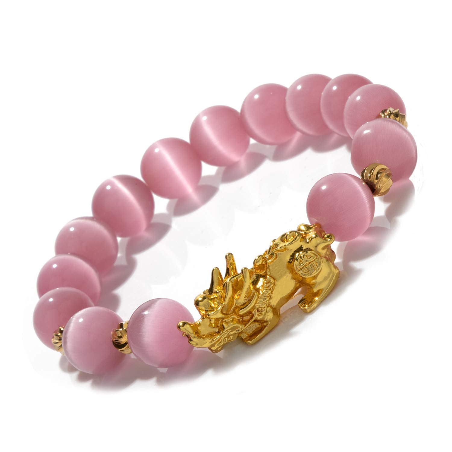 ZenBless Feng Shui Bracelet Cat Eye Stone Bead Bracelet with Gold Plated Pi Xiu/Pi Yao Attract Wealth and Good Luck Amulet Gift(Pink L)