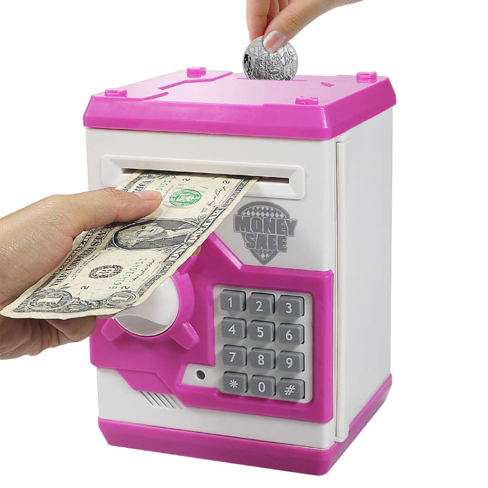 HUSAN Piggy Banks for Kids, Electronic Password Code Money Banks ATM Banks Box Coin Bank for Children Boys and Girls (White/Pink)