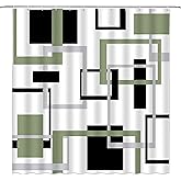 Sunhe Modern Geometric Shower Curtain Sage Green Gray Black Abstract Boho Geometric Aesthetic Vintage Mid Century Farmhouse Fashion Fabric Bathroom Decor Curtain with Hooks