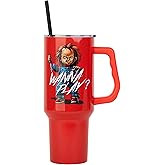 Silver Buffalo Chucky Wanna Play Double Walled Stainless Steel Tumbler with Handle and Straw, Fits in Standard Cup Holder, 40 Ounces