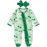 Lamuusaa Newborn Baby Girl St Patricks Day Outfit Four Leaf Clover Footie Romper Ruffle Bodysuit Zipper Jumpsuit Headband