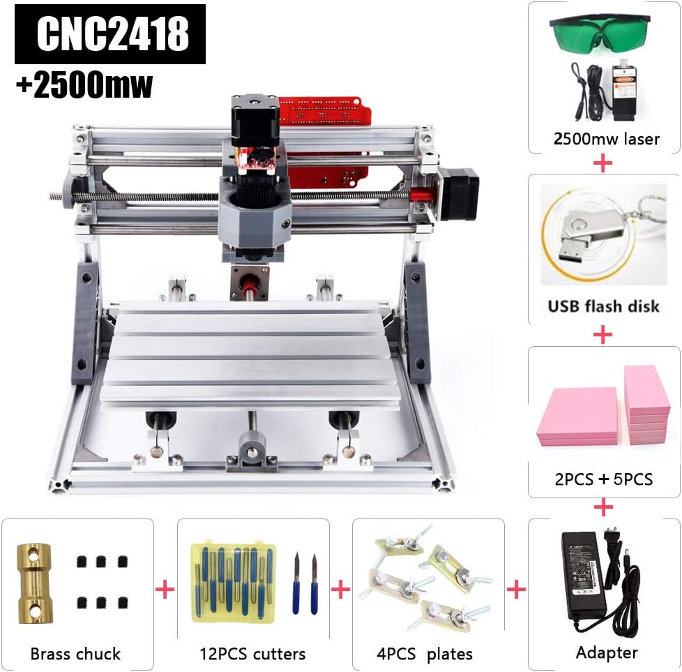 2 in 1 Laser cutting and Engraving Machine CNC 2418 with 2500mW Laser Head, GRBL Control 110V-240VAC Updated PCB CNC Router for Wood, Acrylic & PVC. Made for Small Business and Creative Talents