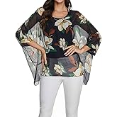 Rokou Women's Floral Printed Blouse Batwing Sleeve Top Chiffon Poncho Casual Loose Shirt Beach Tunic Tops