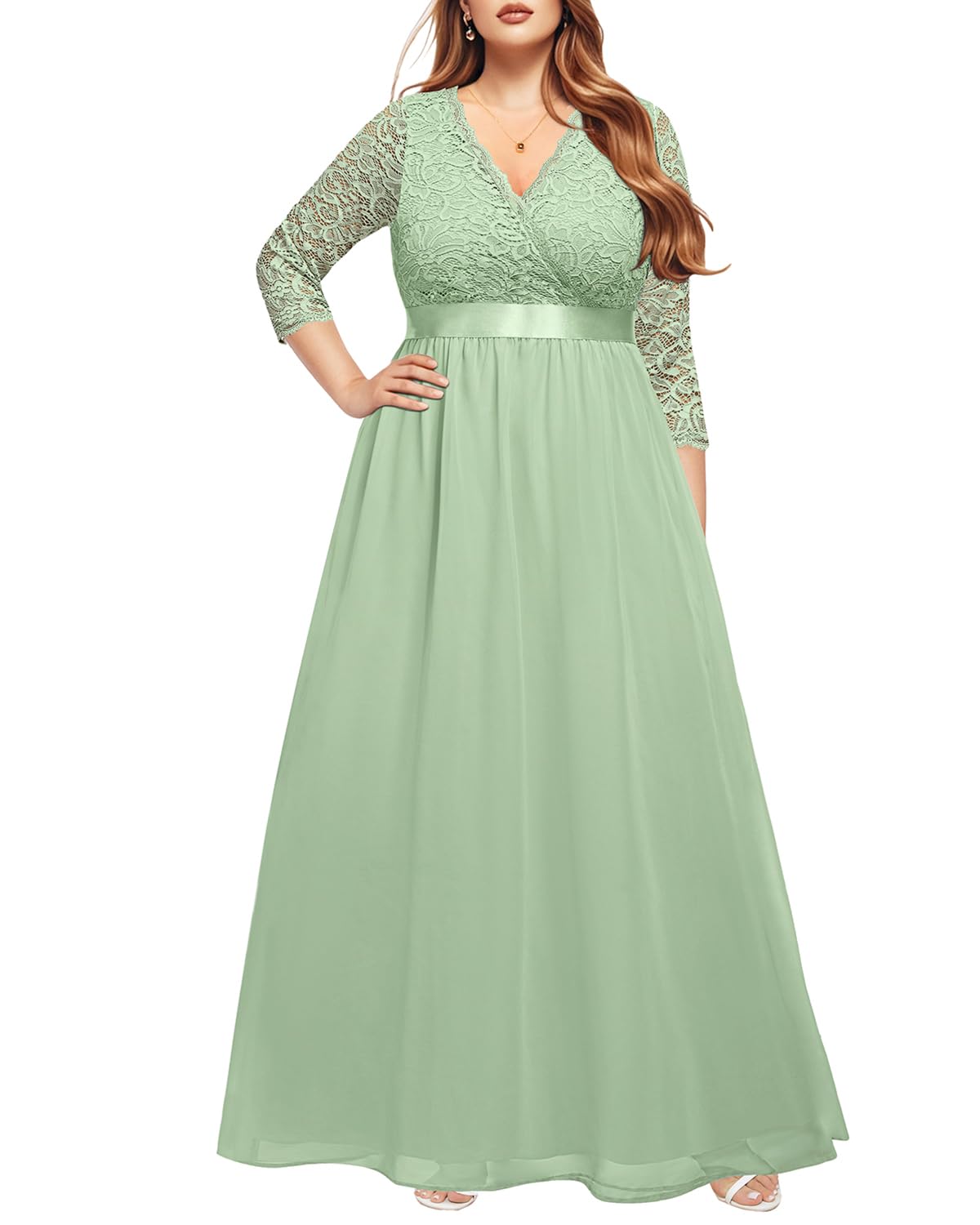 Photo 1 of Formal Wedding Guest Dress Plus Size Sage Green Mother of Bride Lace Long Bridesmaid Evening Gowns Prom Dress Women 2025