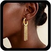 Allereyae Vintage Gold Tassel Fringe Earrings Long Chain Tassel Earrings Linear Fringe Drop Sleek Chain Dangle Statement Jewelry for Women