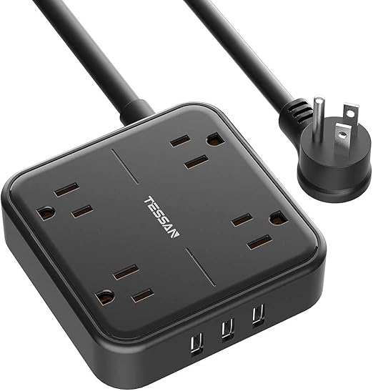 Flat Plug Power Bar with 3 USB Ports, 5 Feet Black Extension Cord Indoor, TESSAN Wall Mount USB