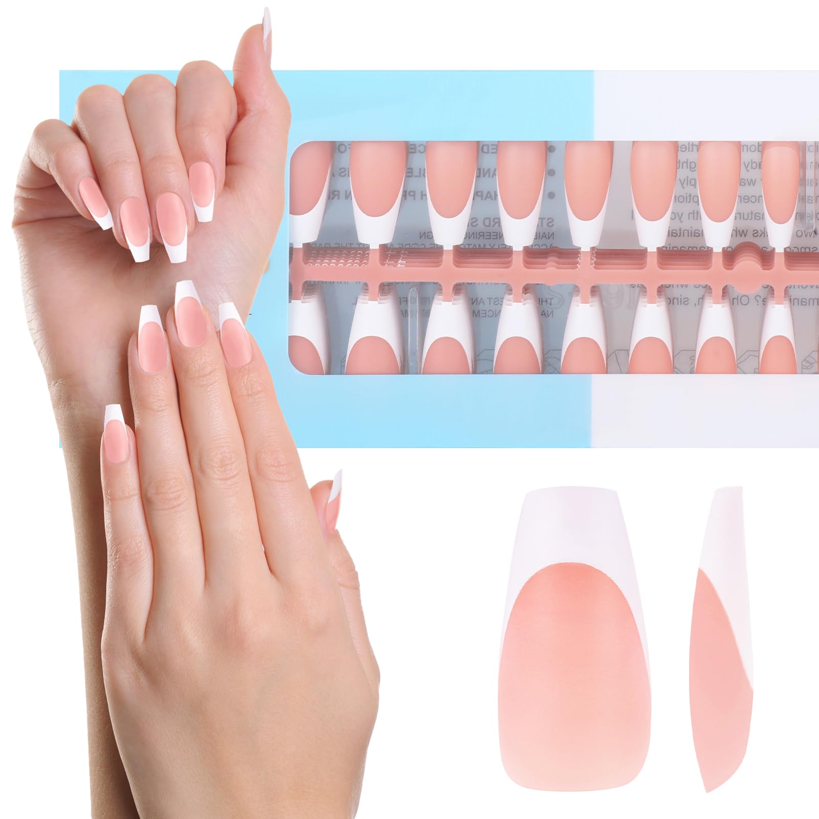 JSRQT 240Pcs French Gel False Nails, Long Coffin Full Cover Artificial French Tip Fake Nails, 3 in 1 X-Coat Tips Stick on Nails, DIY French Press on Nail for Women Girls, Brown