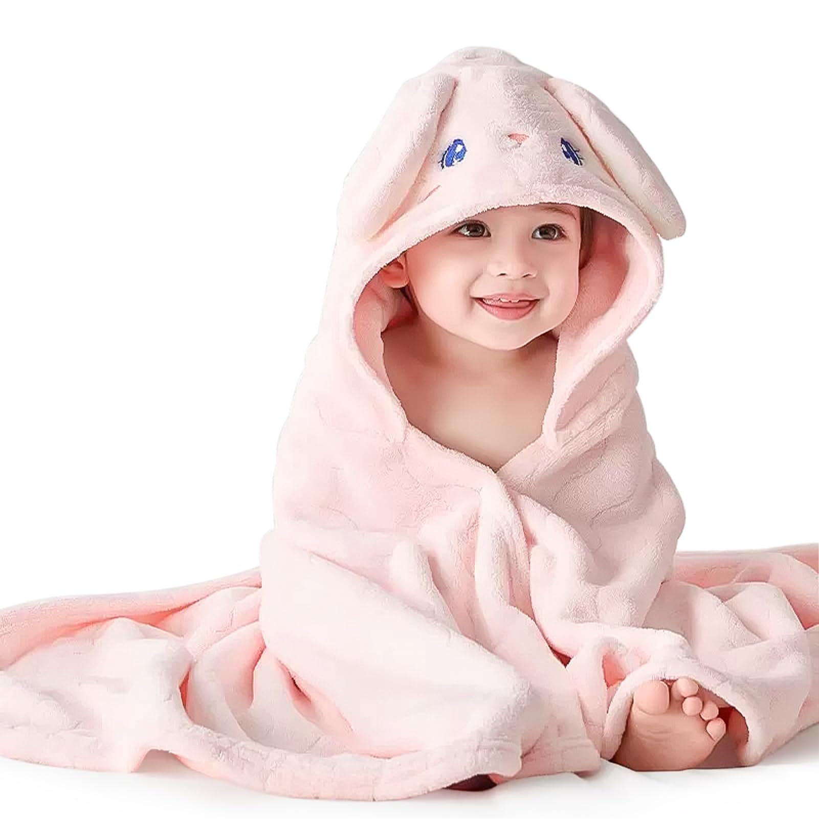 GSrenyu Kids Hooded Towel with Snap Button, 80 x 120cm Large Poncho Bath Towel Pink Rabbit Design for Girls, Soft Absorbent for Swimming Beach After Bath