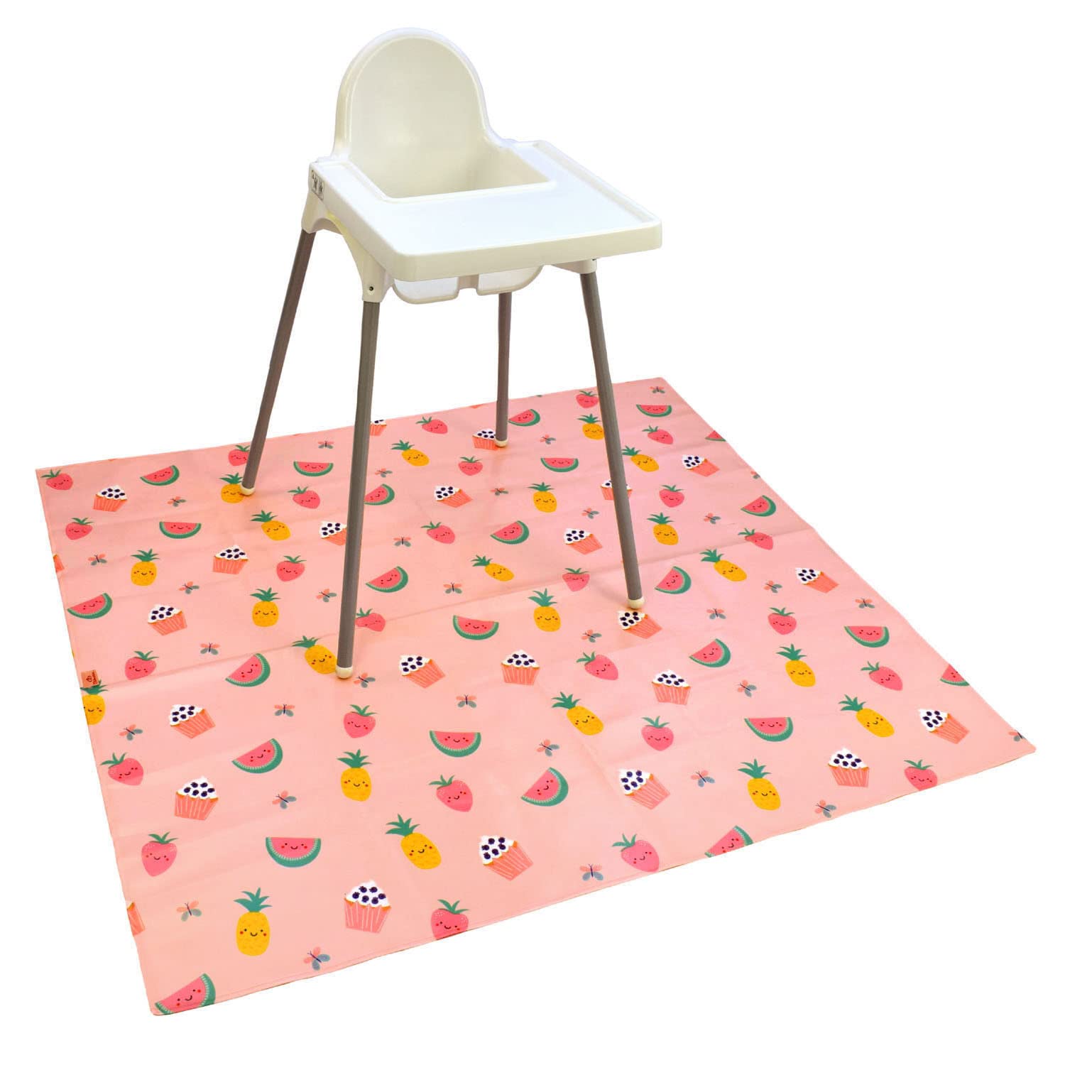 Bibetta XL Food Splash Mat for Under Highchair | 55 * 51 Inch Waterproof, Wipeable, Non-Slip Kids Messy Mat for Under Highchair| Soft Baby Mat for Weaning/Feeding/Playtime/Art/Activity (Pink Treats)