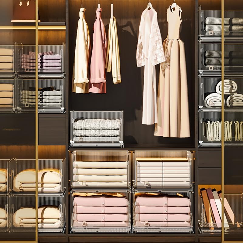 Jorunb Neutral Style Wardrobe Organizer Plastic Storage Bin Sweater Drawer Shelf Storage Container for Cupboard Kitchen Bathroom Office Bedroom (Transparent, Small 03)