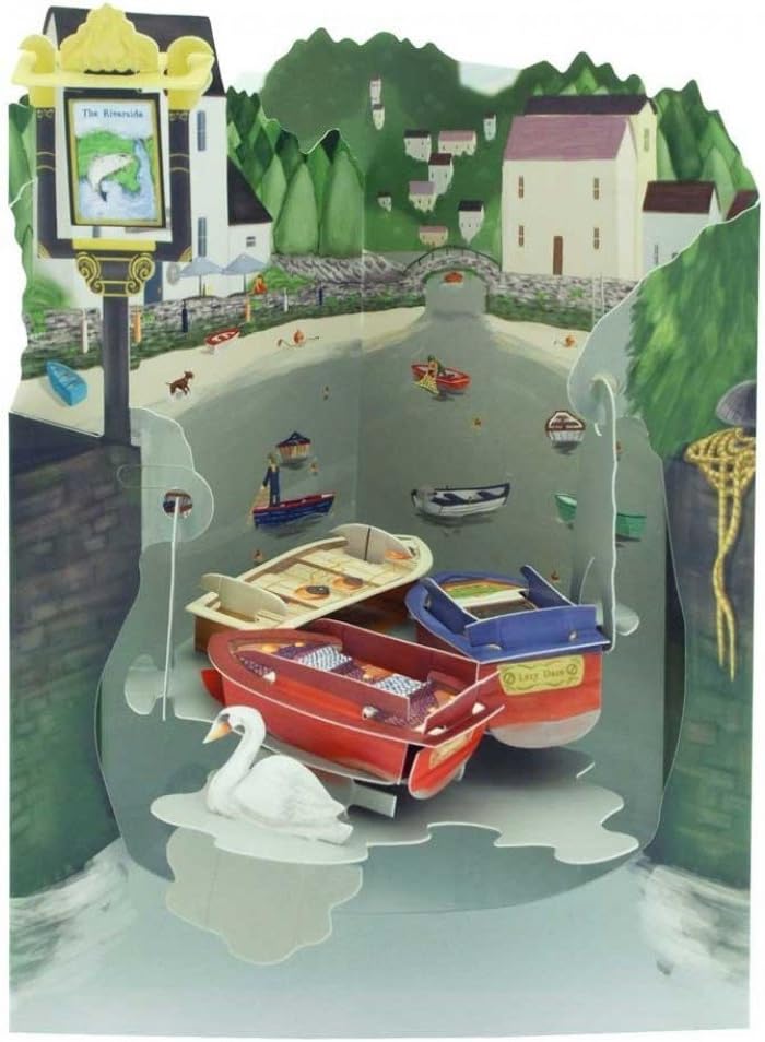 Santoro Swing Card, 3D Pop Up Greeting Card - Riverside Pub - for Her for Him Birthday, Anniversary, yellow|green|grey, 210 x 290 mm