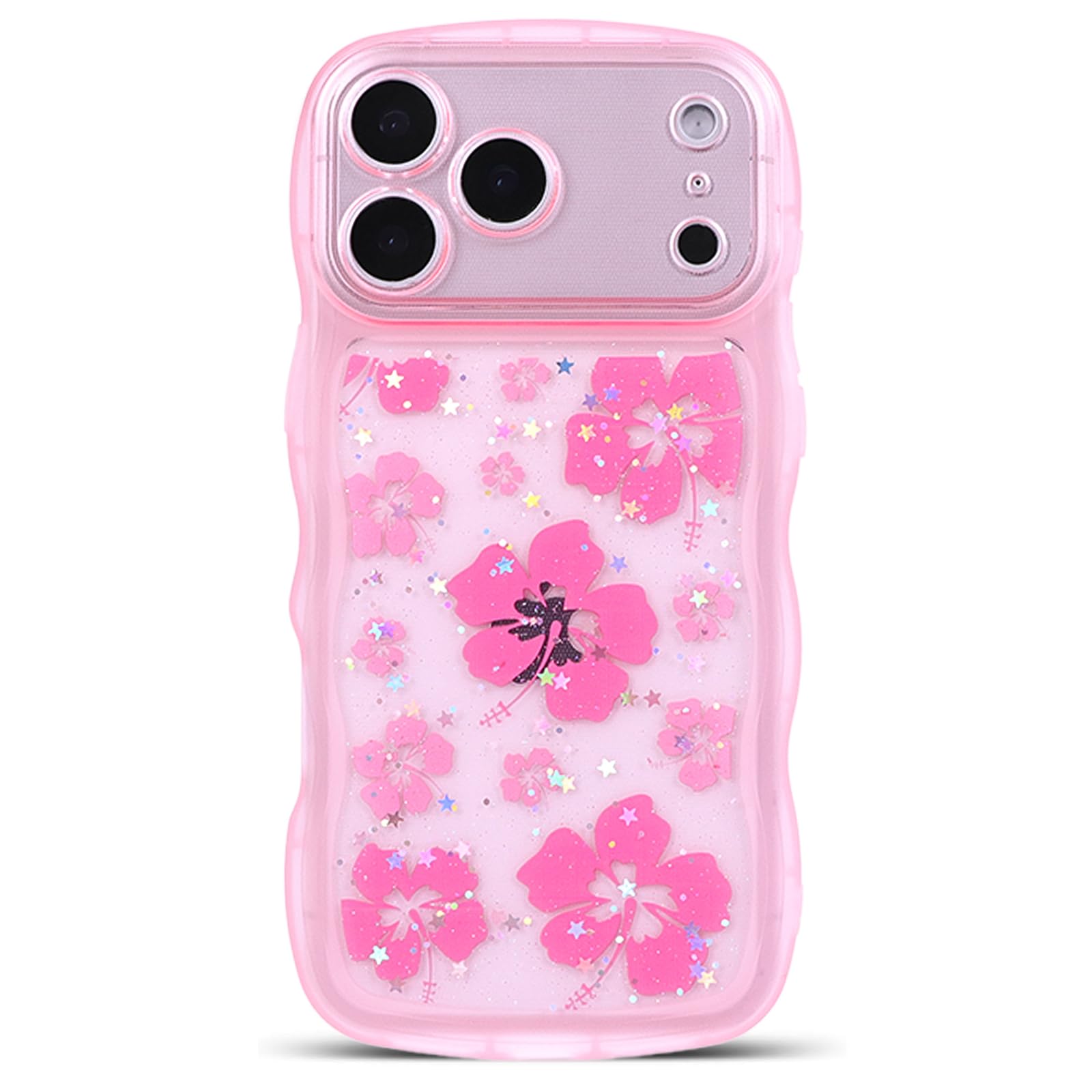 NITITOP Compatible for iPhone 17 Pro Max Case Cute Clear for Women Girls Flower Floral Bling Glitter Sparkling Star Wave Curly Frame Soft TPU Shockproof Camera Protective Cover - Pink