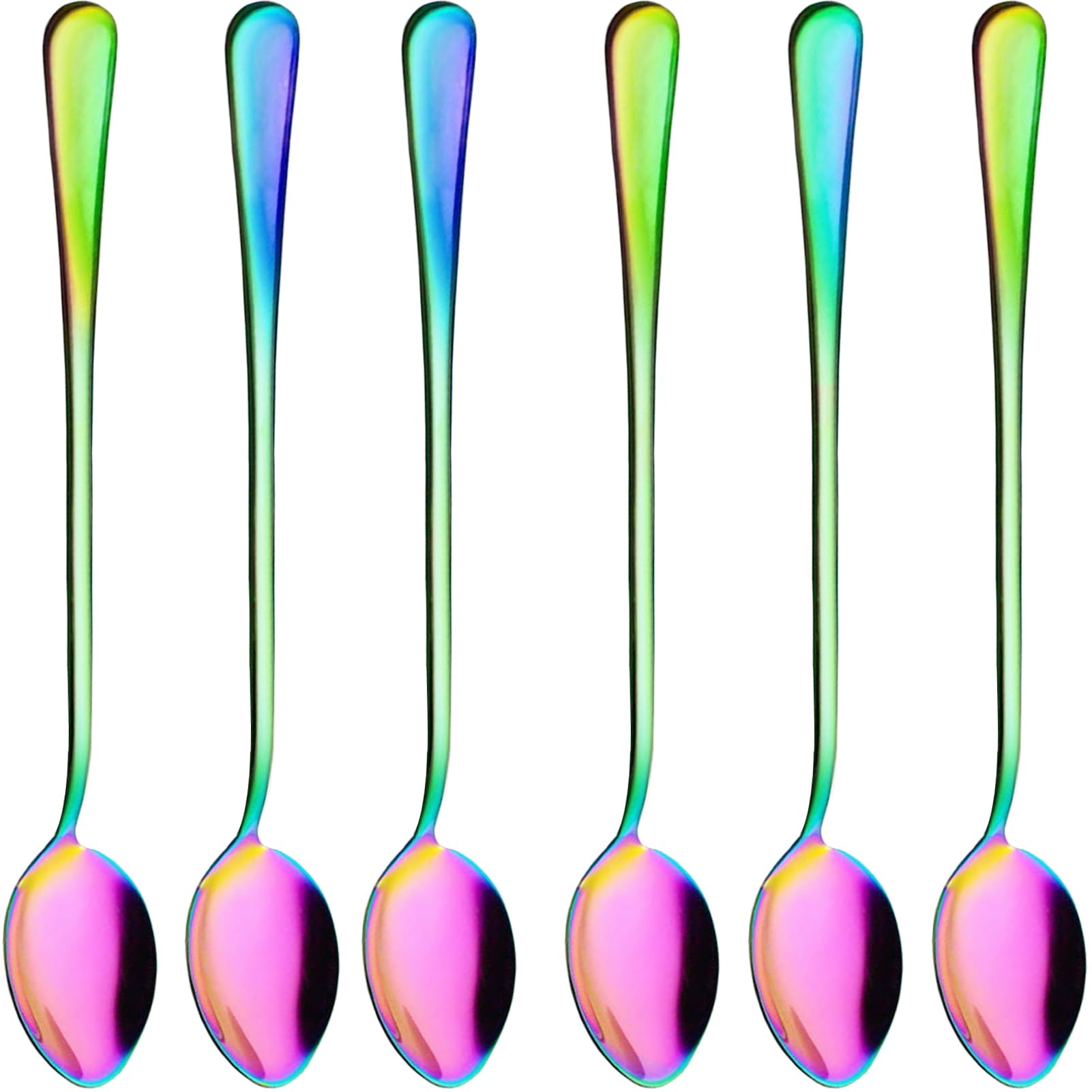 Latte Spoons,Set of 6 Long Handle Spoons,19cm Stainless Steel Coffee Spoons, Ice Tea Spoons, Espresso Spoons, Dessert Spoons for Coffee Tea Dessert Sundae (Rainbow New)