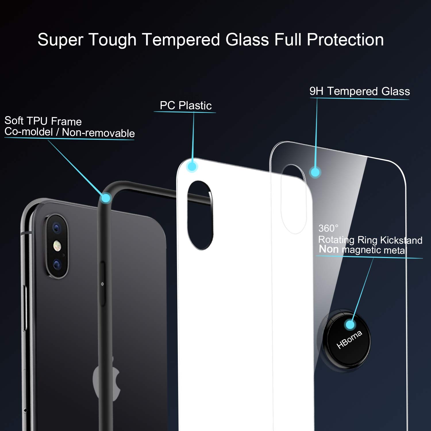 Cover iPhone X, Caso iPhone X con cover posteriore in vetro temperato Protezione Anti-Graffio con supporto per anello, Custodia protettiva per smartphone con telaio antiurto in TPU per Apple iPhone 10 (Bianco)