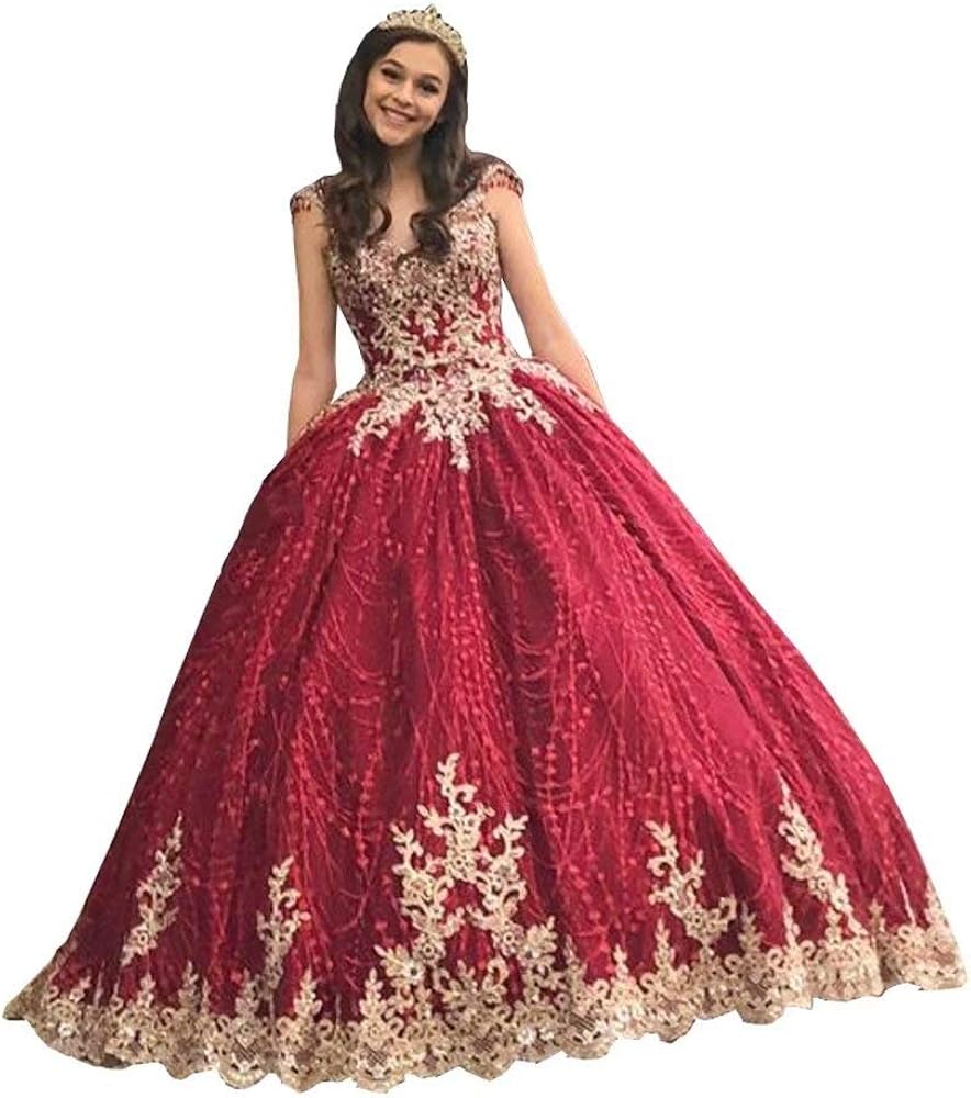 Gold Embroidered Glitter Tulle Quinceanera Dresses Princess with Short