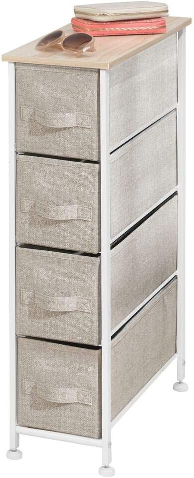 mDesign Narrow Vertical Dresser Storage Tower - Sturdy Frame, Wood Top, Easy Pull Fabric Bins - Organizer Unit for Bedroom, Hallway, Entryway, Closets - Textured Print, 4 Drawers - Light Tan/White -