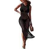 Pink Queen Women Swimsuit Cover Up Hollow Out Sleeveless Beach Maxi Dress Side Split Knit Bathing Suit Cover Up for Women