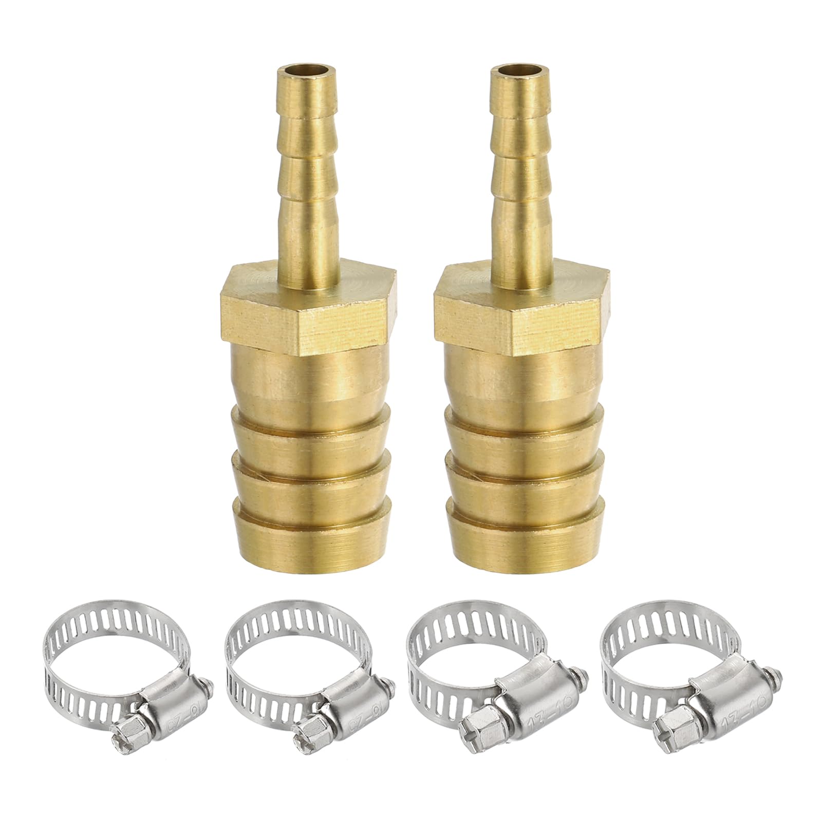 PATIKIL 1/4" to 5/8" Brass Hose Barb Reducer, 2Pcs Barbed Hose Fittings with 4 Stainless Steel Clamps Reducing Splicer Mender Union Adapter for Air Water Fuel