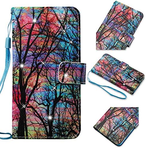 iPhone 8 Plus Case, iPhone 7 Plus Case, Easytop Luxury Bling Design PU Leather Case Wallet Flip Cover Case with Hand/Wrist Strap Built-in Card Slots & Stand Magnet Closure (Colorful Tree)
