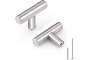 Probrico (5 Pack Euro Style Round T Bar Satin Nickel Cabinet Knobs, Single Hole Stainless Steel Kitchen Cabinet Handles Dresser Drawer Cupboard Bathroom Chest Door Hardware, 2 Inch Total Length