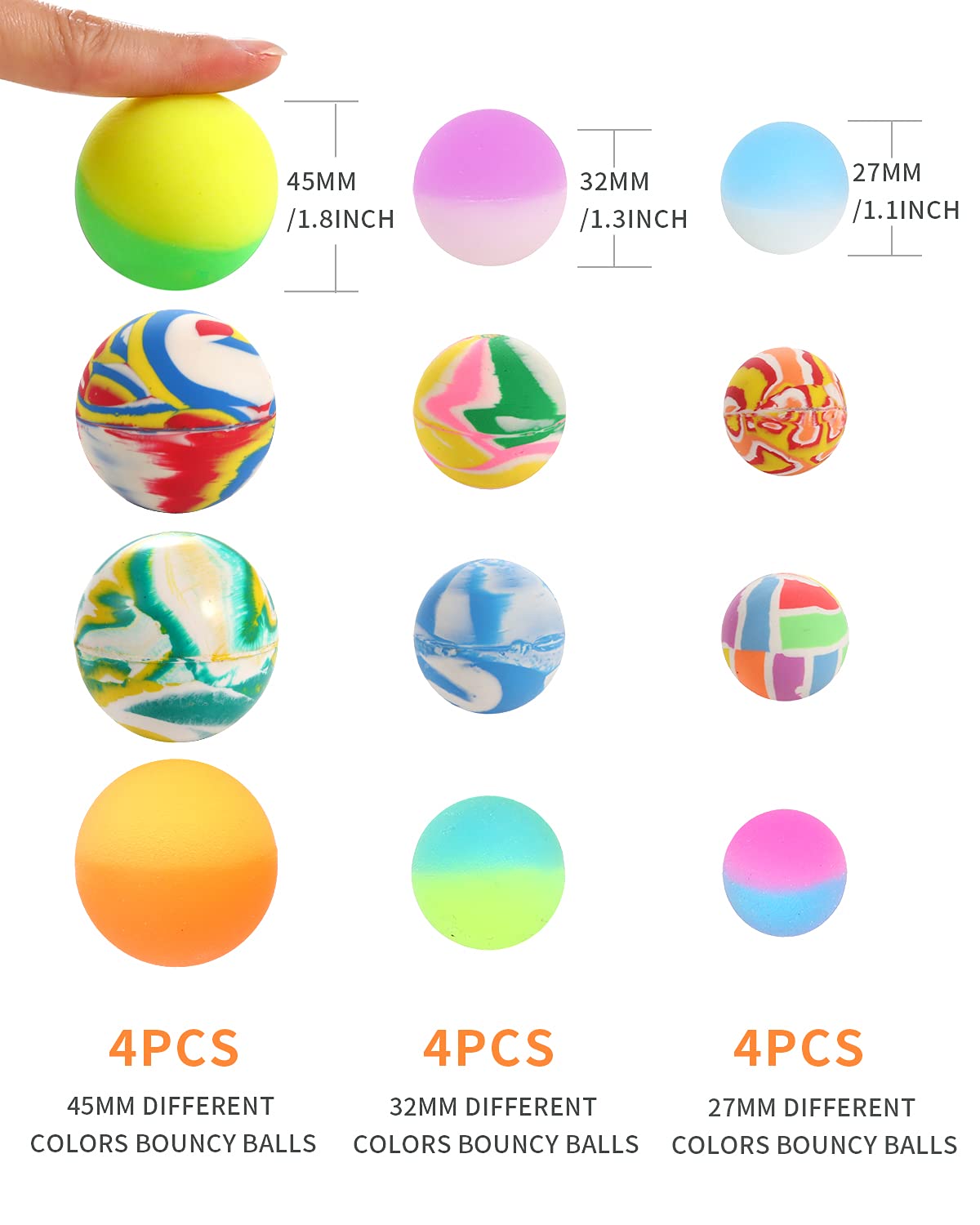 Pllieay 12PCS Bouncy Balls 3 Sizes Mixed Color, Bouncing Balls and Bouncy Balls for Kids Birthday Goodie Bag fillers
