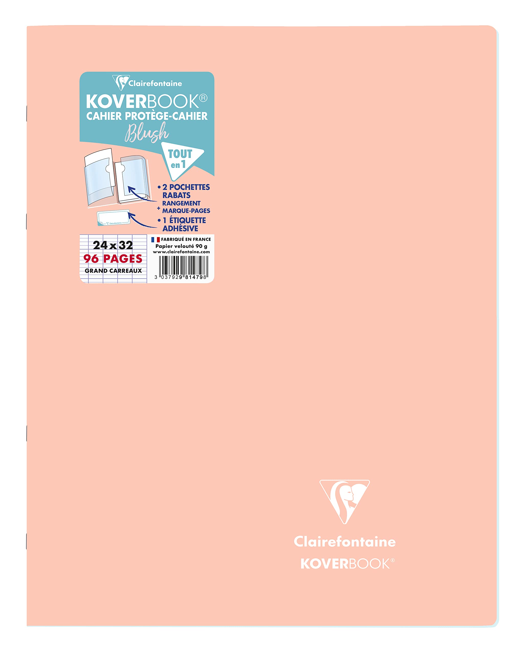 Clairefontaine 981479C - One Stapled Notebook Koverbook Blush Coral - Dimensions: 24x32 cm - 96 Seyes Ruled Pages - White Paper 90 g - Opaque Polypro Cover