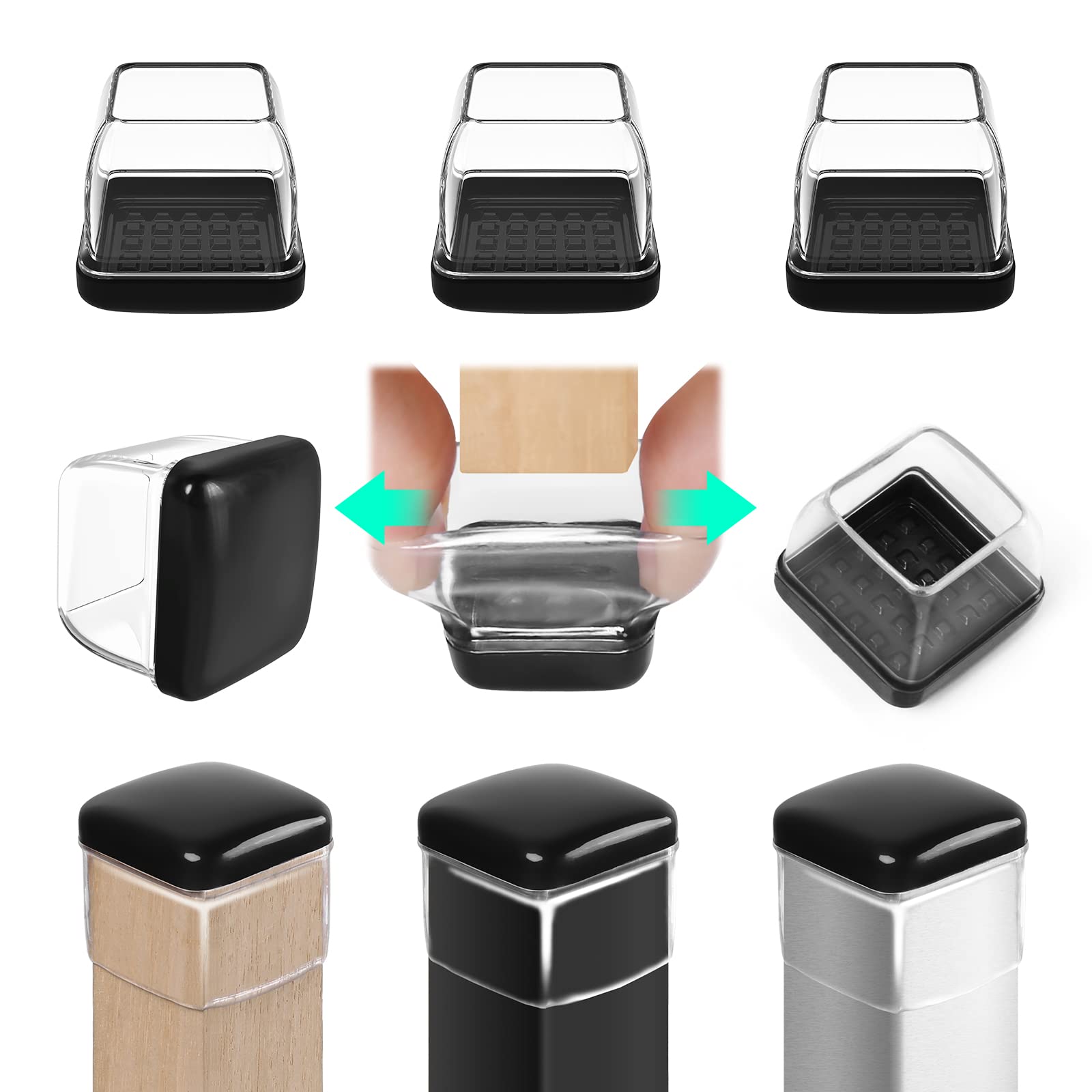 RCHYFEED 24 PCS Chair Leg Caps Sliders for Carpet, Chair Leg Floor Protectors Sliders for Carpet, Silicone Furniture Leg Caps Cups Gliders, Smoothly Slide No Scratches, 28mm-33mm Clear Square