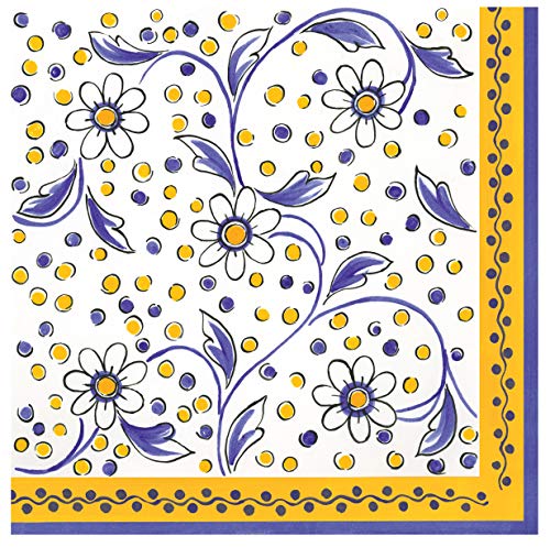 40 Le Cadeaux Benidorm Yellow Paper Napkins | Disposable Dinner Paper Napkin Set | French Country Provence Floral Theme with Shades of White and Blue
