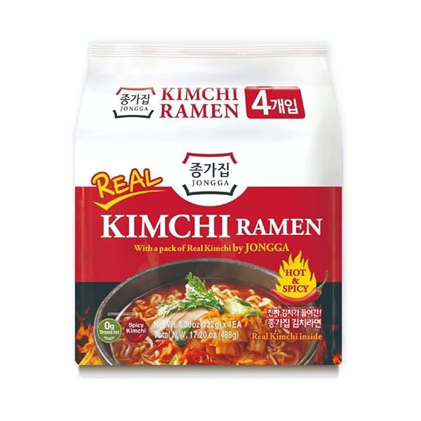 JONGGA KIMCHI RAMEN WITH REAL KIMCHI PACK OF 4, KOREAN INSTANT HOT AND SPICY KIMCHI NOODLE SOUP, AUTHENTIC SAVORY KOREAN KIMCHI RAMEN PACKS, QUICK AND CONVENIENT, READY IN 5 MINUTES
