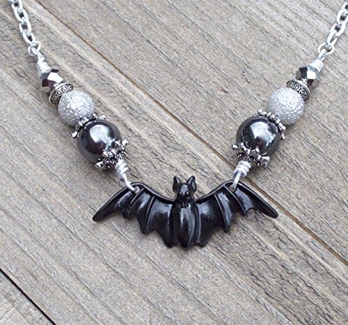 Large Black Bat Necklace Gothic Necklace Vampire Jewelry Halloween Necklace Punk Necklace Psychobilly Hematite Beads