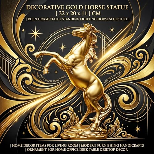 Decorative Gold Horse Statue [ 32 x 20 x 11 ] cm | Resin Horse Statue Standing Horse Sculpture | Home Decor Items for Living Room | Modern Furnishing Decoration for Home, Office Desk