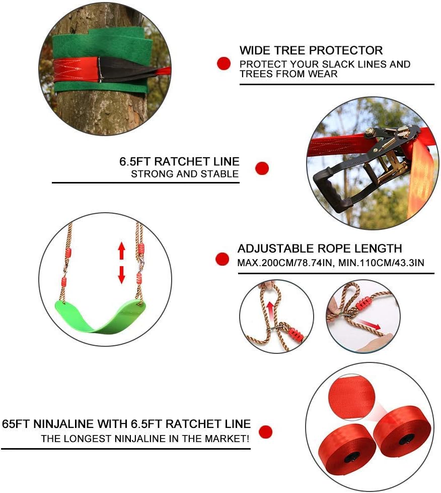 Ninja Warrior Obstacle Course for Kids - 2X65FT Longest Ninja Slackline with Most Complete Accessories for Kids, Swing, Trapeze Swing, Rope Ladder, Obstacle Net Plus 1.2M Arm Trainer: Toys & Games