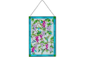 Viveta Hummingbird Stained Glass Window Hanging, Stained Glass Suncatchers with Chain, Bird and Flowers Stained Glass Panels for Windows Home Wall Art Decor(Rectangular 15 * 10")