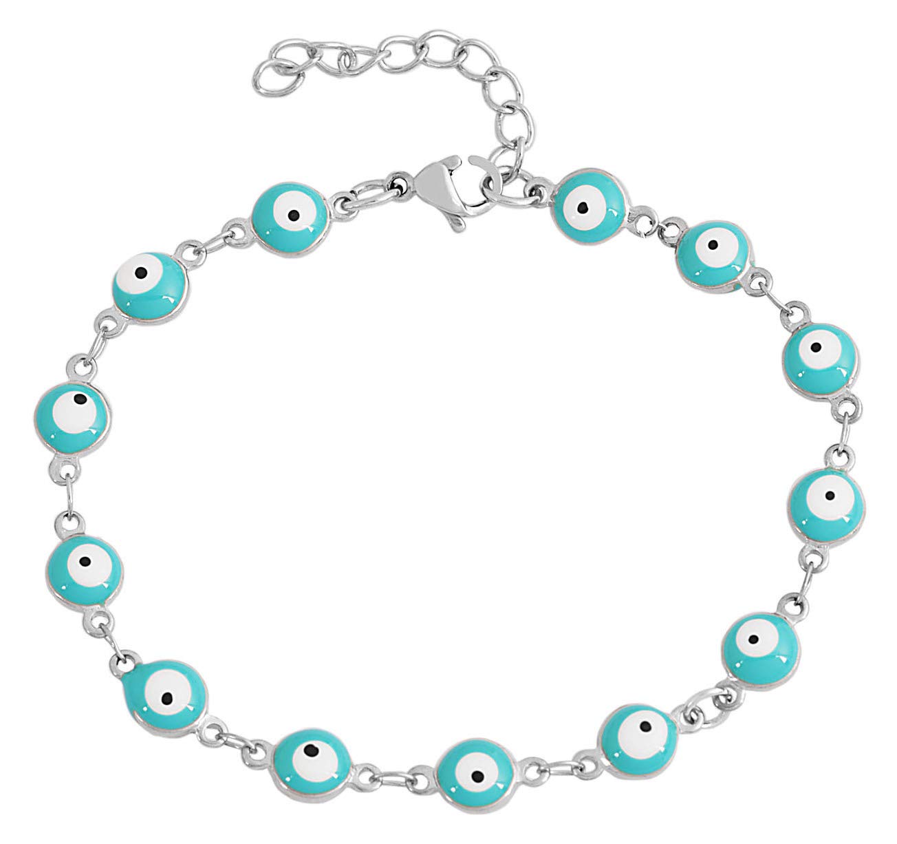 Edforce Stainless Steel Women's Charm Enamel Evil Eye Protection Link Chain Bracelet, 7", Stainless Steel, no gemstone