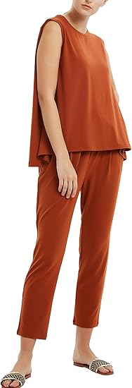 Amazon セットアップ ルームウェア 部屋着 レディース 秋冬 冬 可愛い きれいめ 上下セット ノースリーブ フレアトップス Aライン テーパードパンツ 柔らかい 上下 パジャマ 外出 レーヨン Le Ciel Clair ル シエル クレール ブラウン M レディース 通販