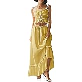 Wenrine Women's Summer 2 Piece Skirt Sets Casual Spaghetti Straps Cropped Cami Ruffle Maxi Skirt Flowy Beach Outfit Yellow