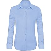 Womens Long Sleeve Button Down Dress Shirts, Solid Formal Work Dress Tops, Classic-Fit Dress Business Office Shirts
