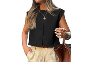 Tankaneo Womens Cropped Cap Sleeve Vest Tank Tops Summer Work Casual Crew Neck Button Down Waistcoats