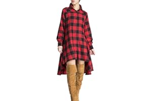 olrain Womens Plaids V Neck Long Sleeve Irregular Hem Casual Shirt Dress